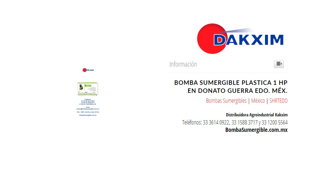 Bomba Sumergible Plastica 1 Hp en Donato Guerra Edo. Méx.