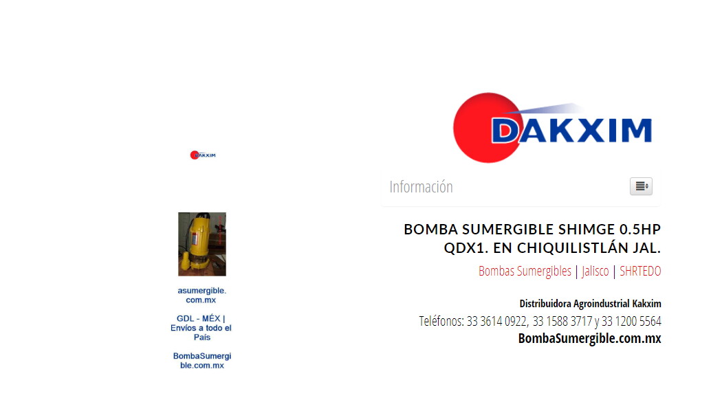 Bomba Sumergible Shimge 0.5hp Qdx1. en Chiquilistlán Jal.