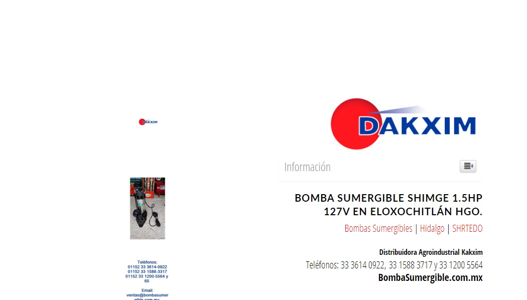 Bomba Sumergible Shimge 1.5hp 127v en Eloxochitlán Hgo.