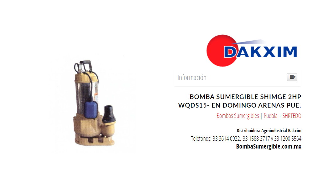 Bomba Sumergible Shimge 2hp Wqds15- en Domingo Arenas Pue.