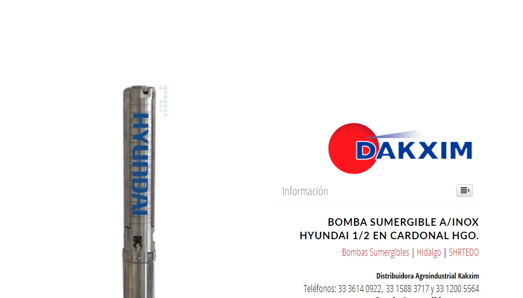 Bomba Sumergible a/inox Hyundai 1/2 en Cardonal Hgo.