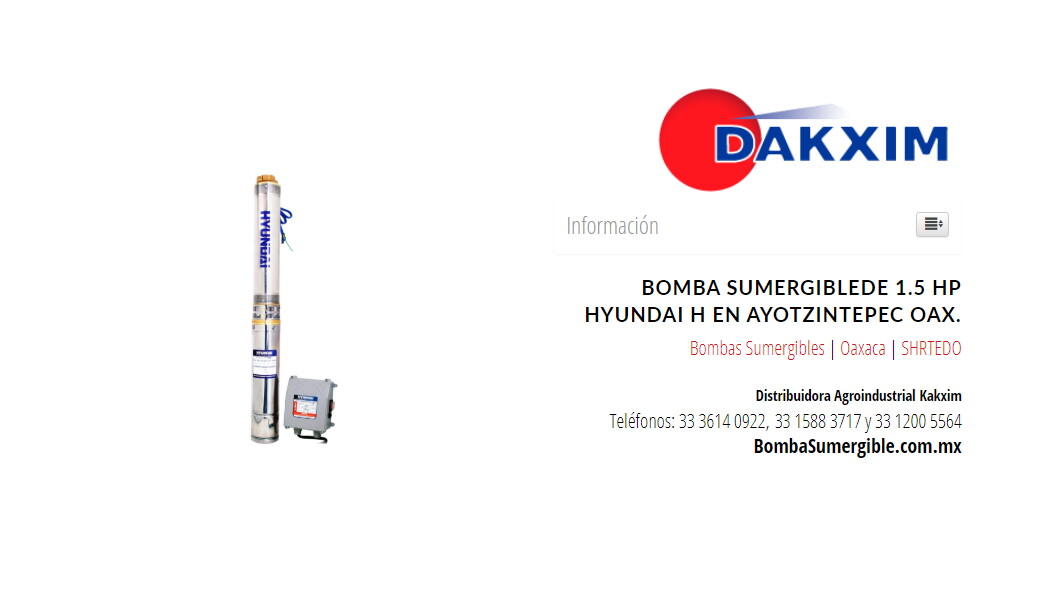 Bomba Sumergiblede 1.5 Hp Hyundai H en Ayotzintepec Oax.