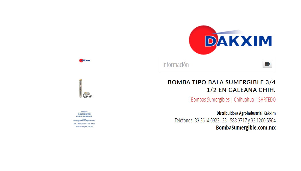 Bomba Tipo Bala Sumergible 3/4 1/2 en Galeana Chih.